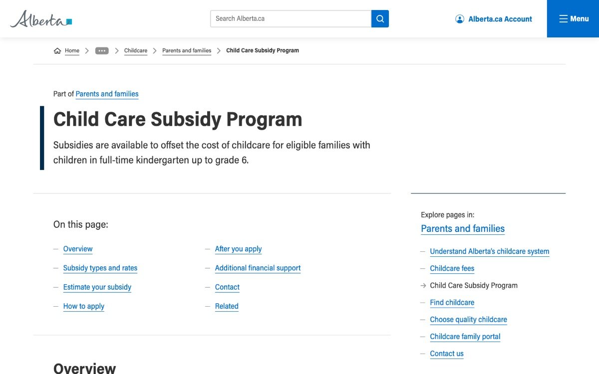 Alberta Child Care Subsidy Program page